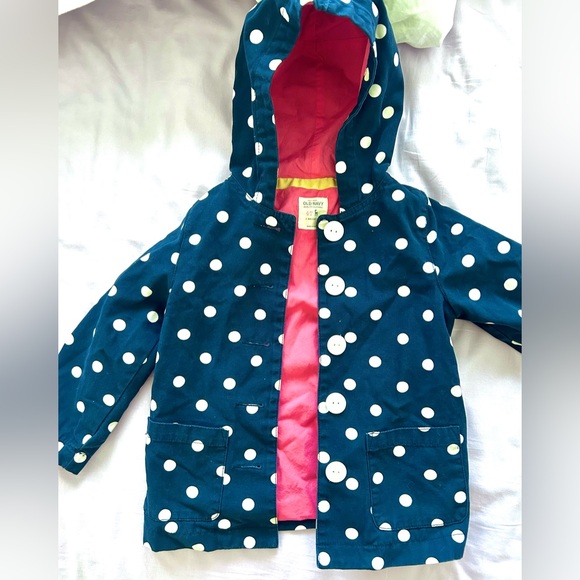 Old Navy Toddler Navy Polka Dot Hooded Cotton Button Front Jacket Pink Lining 4T - Picture 2 of 9